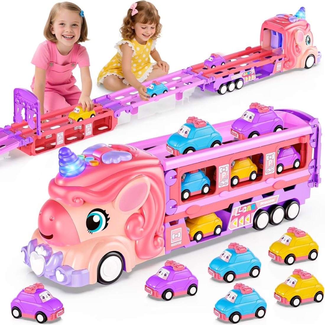 TOYS LAND Transport Truck Toy for Girls, Unicorn Car Carrier Truck with 117 cm Foldable Race Track and 6 Princess Cars, Lights & Sounds, Birthday Gift for Kids Aged 3-8 (Purple)