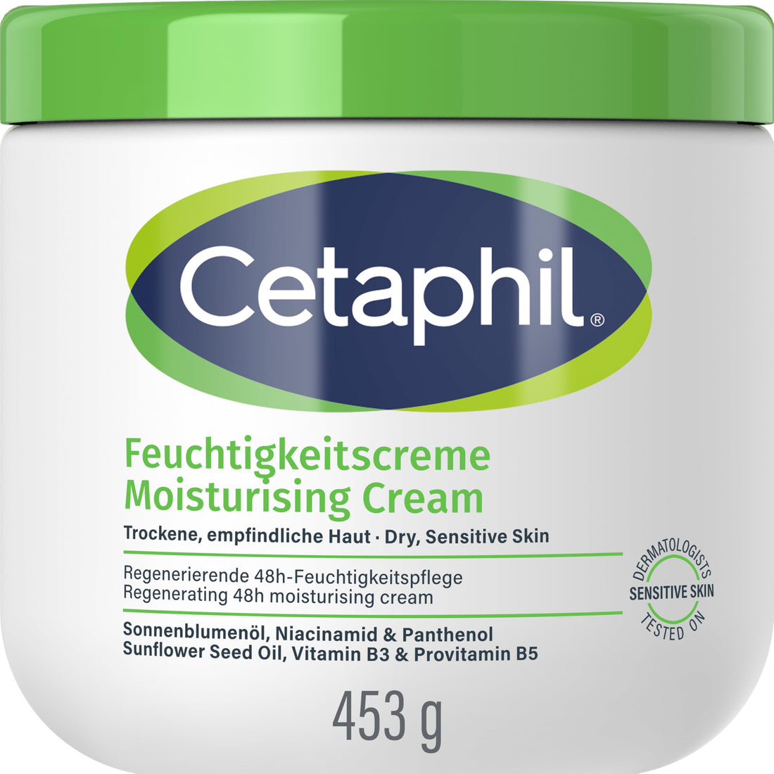Cetaphil Moisturising Cream, 453 g, For Dry, Sensitive Skin, Intensively Moisturises for 48 Hours and Strengthens Resistance, With Vitamin B3, Provitamin B5, Sunflower Oil, Almond Oil, Glycerine