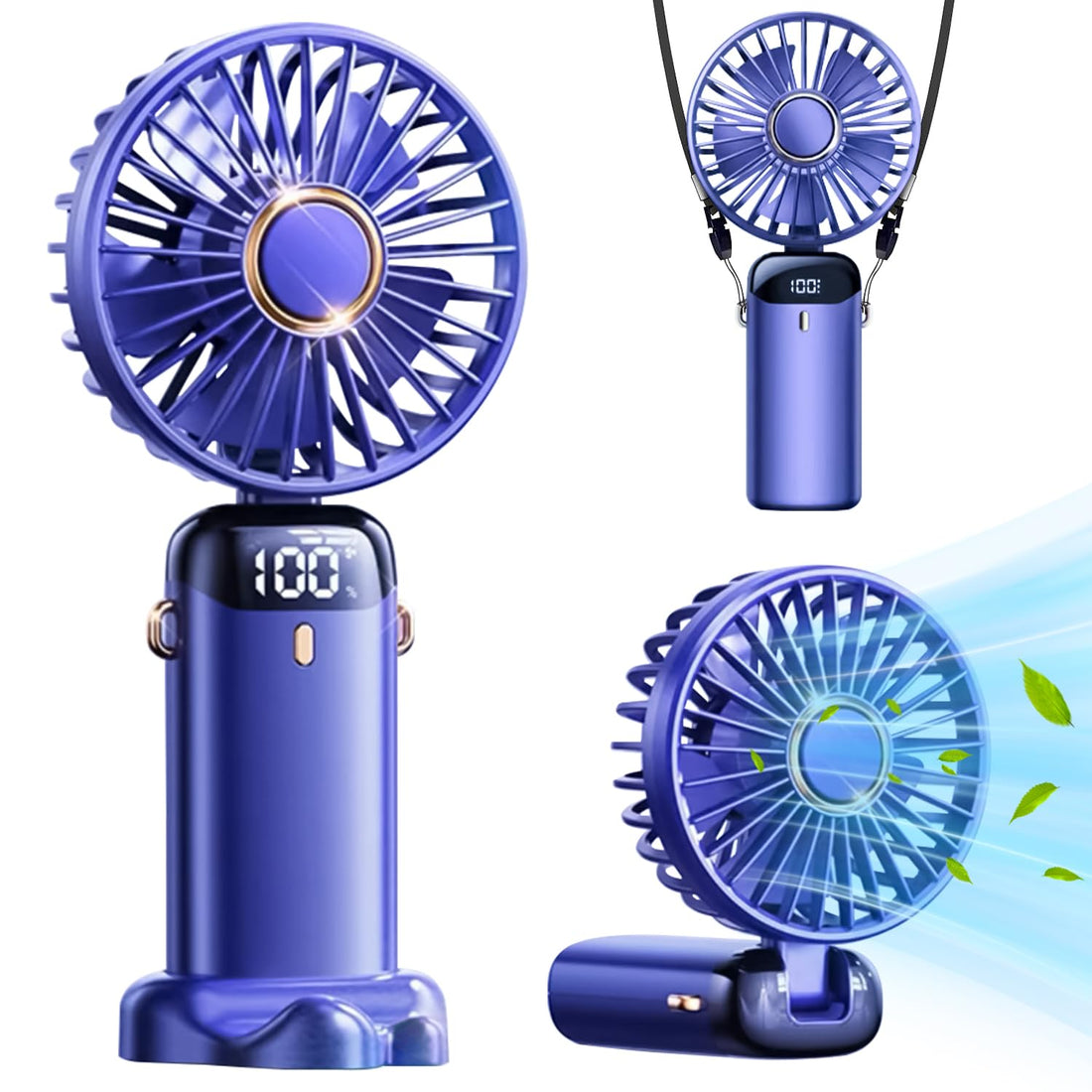 Necomi Portable Handheld Fan, Personal Fans with Base, LED Digital Display, 5 Speeds, 90° Ajustable, Rechargeable Mini Fan for Outdoor Indoor, Home, Office, Travel - Purple