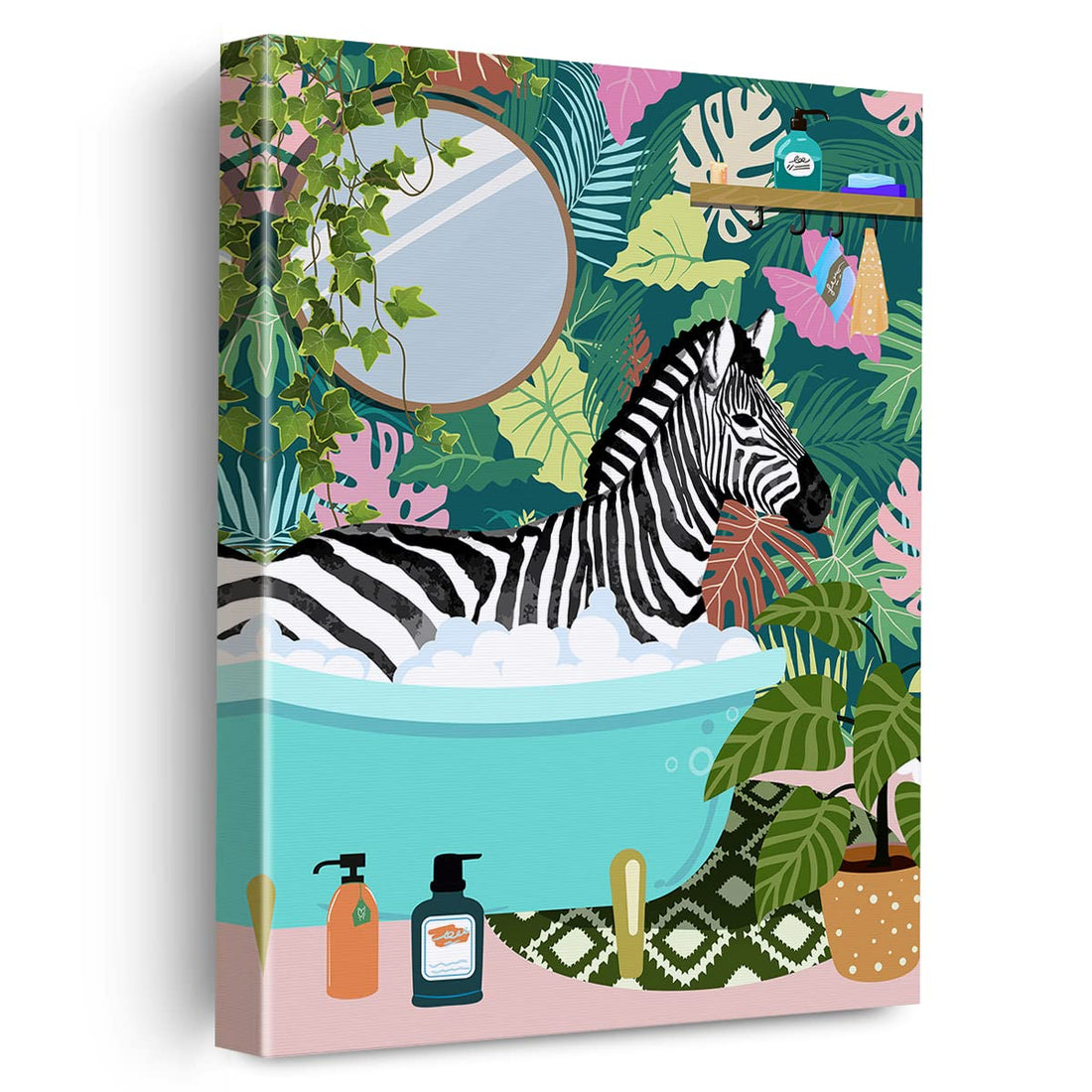 EVXID Zebra in Bathtub Canvas Poster Painting Bathroom Wall Art, Botanical Jungle Zebra Picture Artwork Framed Print Ready to Hang for Restroom Toilet Wall Decor 12 x 15 Inch