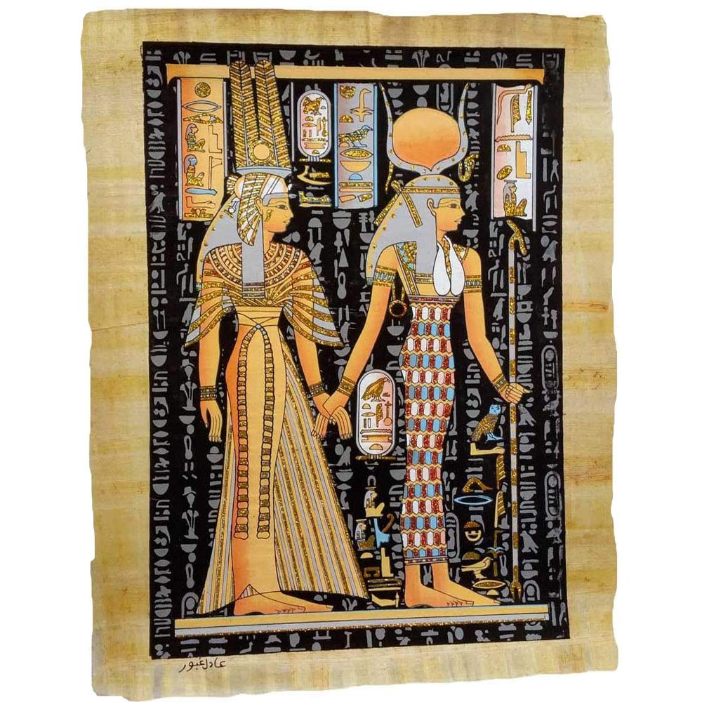 Horus Artesanía de Egipto Photoluminescent Original Egyptian Papyrus of Nefertari with Goddess of Love. 33x43cm Handmade and Hand-Painted in Egypt. Ref.FV-7A