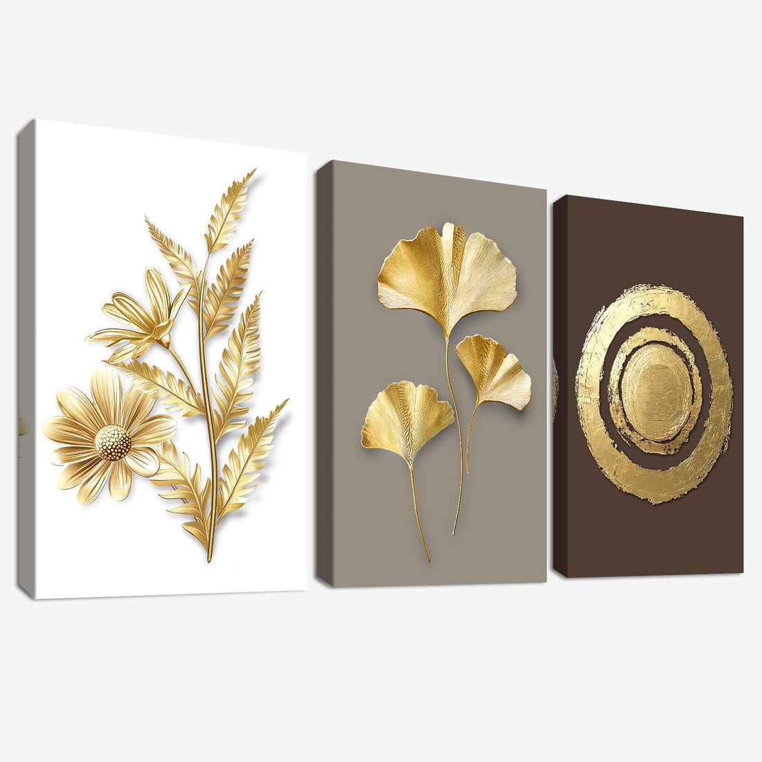 3 Pcs Wooden Framed Canvas Wall Art Canvas Prints Caramel Gold Ginkgo Leaves Painting Daisy Flowers Floral Pictures for Living Room Bedroom Bathroom Hallway Home Wall Decoration 30x40 cm x3pcs