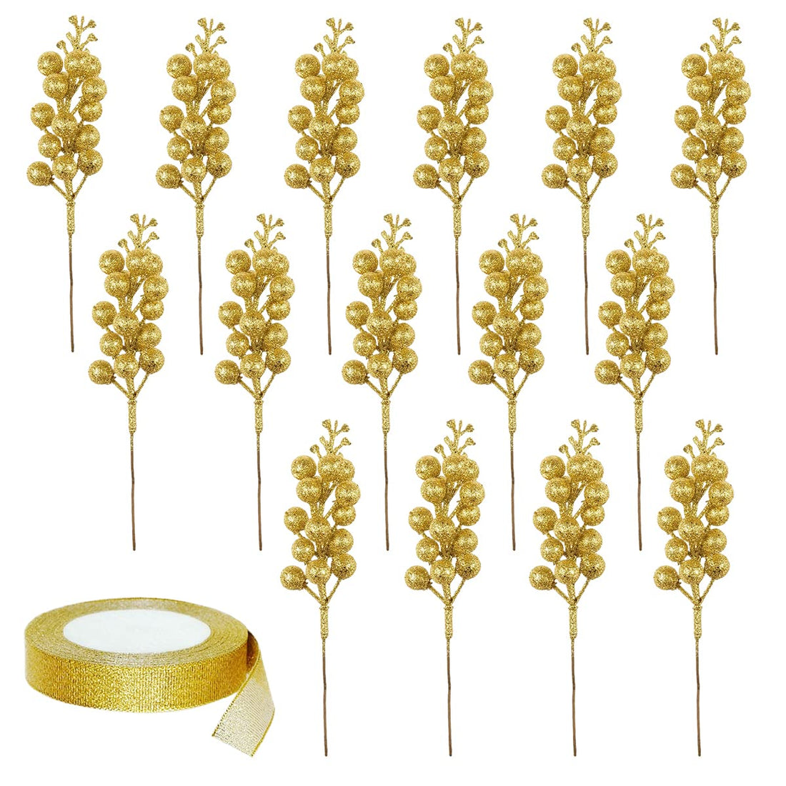 24 Pack Glitter Gold Berry Stems,Christmas Glitter Berries Stems,Christmas Tree Picks Faux Berry Stems with Ribbon for Christmas Holiday Anniversary Party Decorations (gold)
