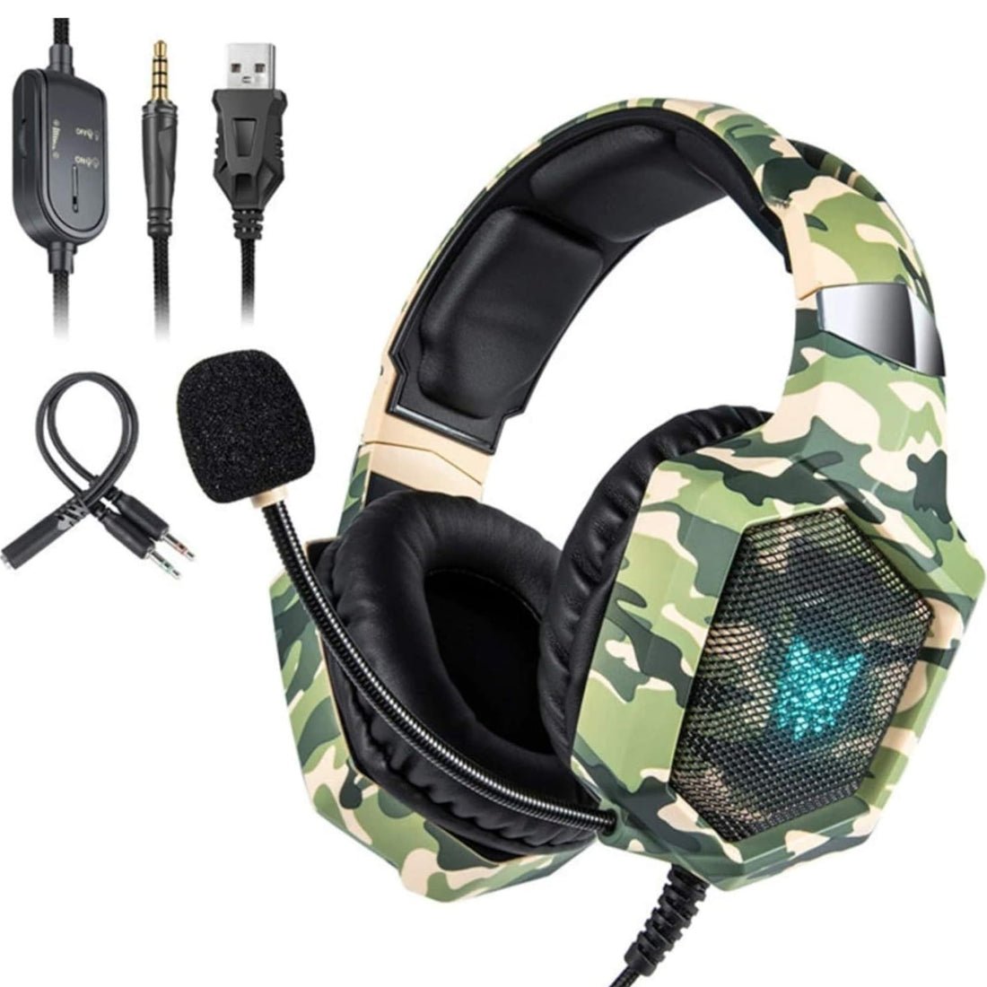 Onikoma Wired Gaming Stereo Headset with RGB Light, Headphones Over Ear with Mic, 3.5Mm Aux, Volume Control, Compatible with PS5, PS4, Laptops, Smartphone, PC, Mac Nintendo Switch (K8, Camo Green)