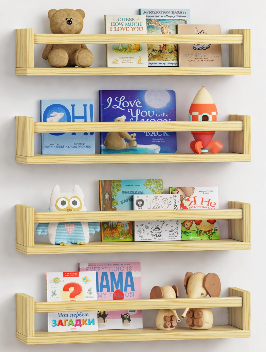Forbena Natural Wood Nursery Book Shelves Wall Mounted, Floating Bookshelf for Kids Room, Baby Toys and Books Storage Organizer Bookshelves for Toddler Child Bedroom Bathroom (4 Pack Light Wood)