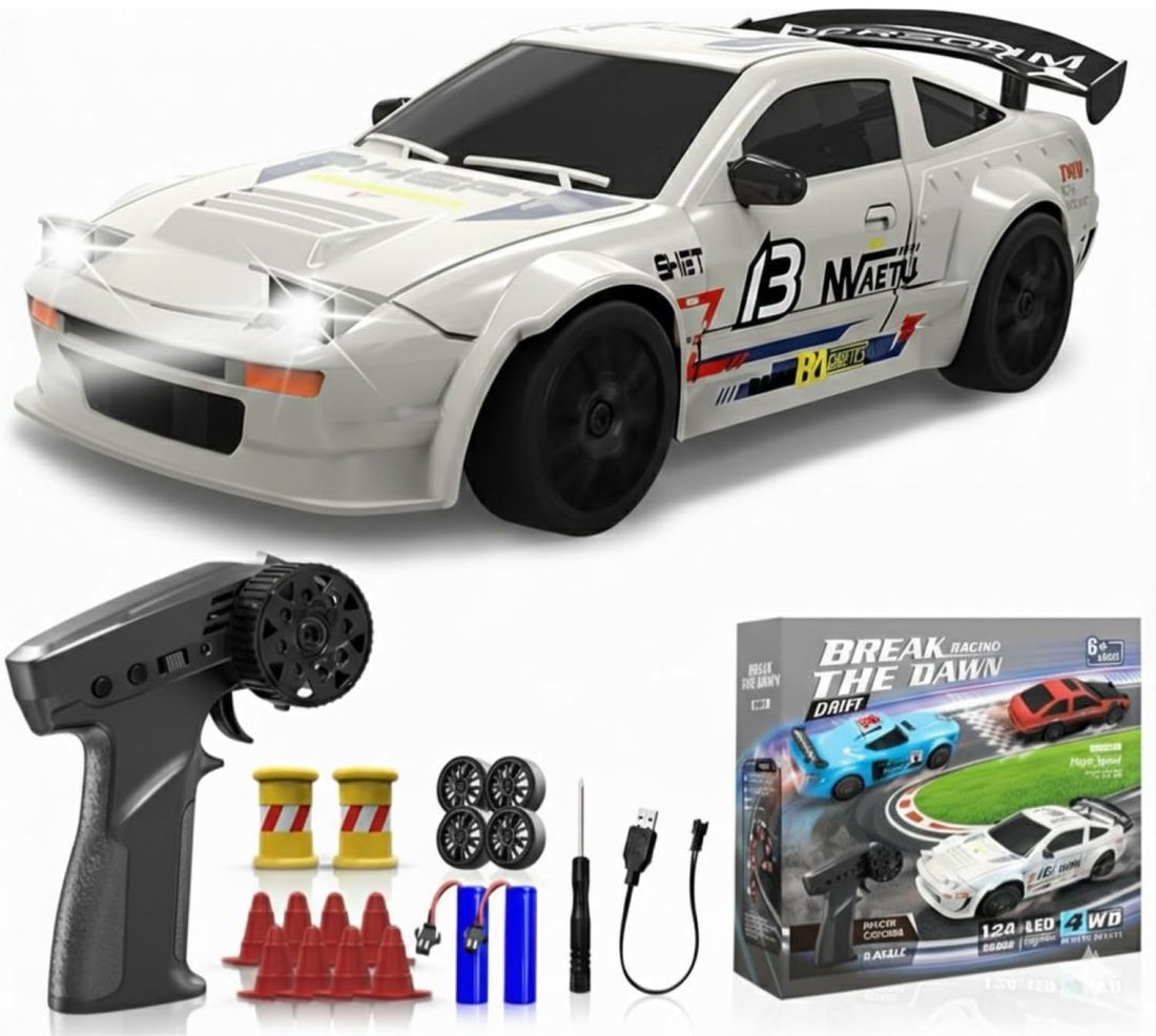 TOYS LAND 1:24 Scale RC Drift Car, 2.4GHz Remote Control Car, 17KM/H High Speed 4WD Racing RC Cars, Extra Tires, LED Lights, 2 Rechargeable Batteries, Sport Vehicle Toy for Adults kids Boys 6+ (White)