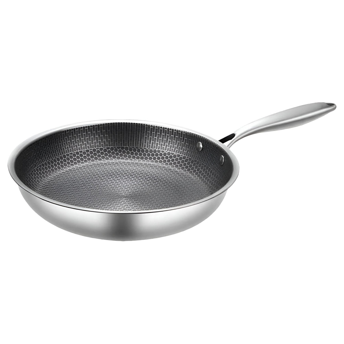 Frying Pan - Sturdy stainless steel frying pan with honeycomb pattern, ergonomic handle for ease of use, perfect for stir-frying, roasting, and versatile cooking needs.