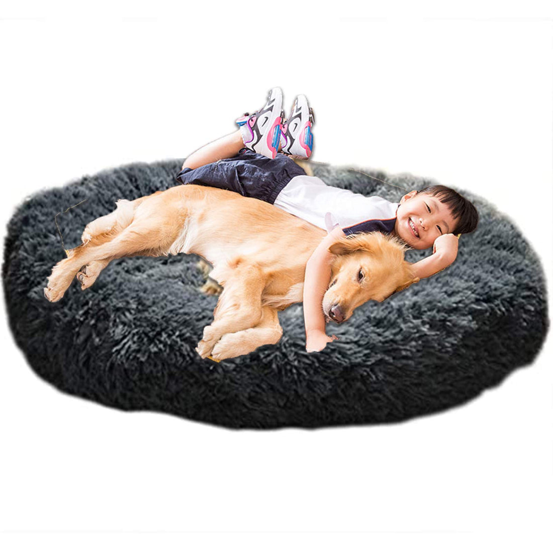 HANHAN Donut Plush Dog Bed Extra Large XXL Orthopedic Cosy Cushion Calming Wicker Anti Anxiety xxxl Sofa Fluffy Cave Sleep Basket Washable Medium Mattress xl Jumbo dark grey