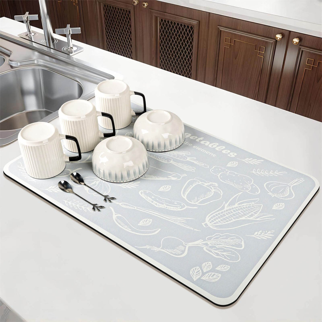 DK177 Dish Drying Mat for Kitchen Counter, Super Absorbent Dish Mat, Non-Slip Heat-Resistant Easy Clean Dishes Drainer Mats, Dish Rack Pad, Coffee Mat Kitchen Counter Mat (Vegetables, 24*16)
