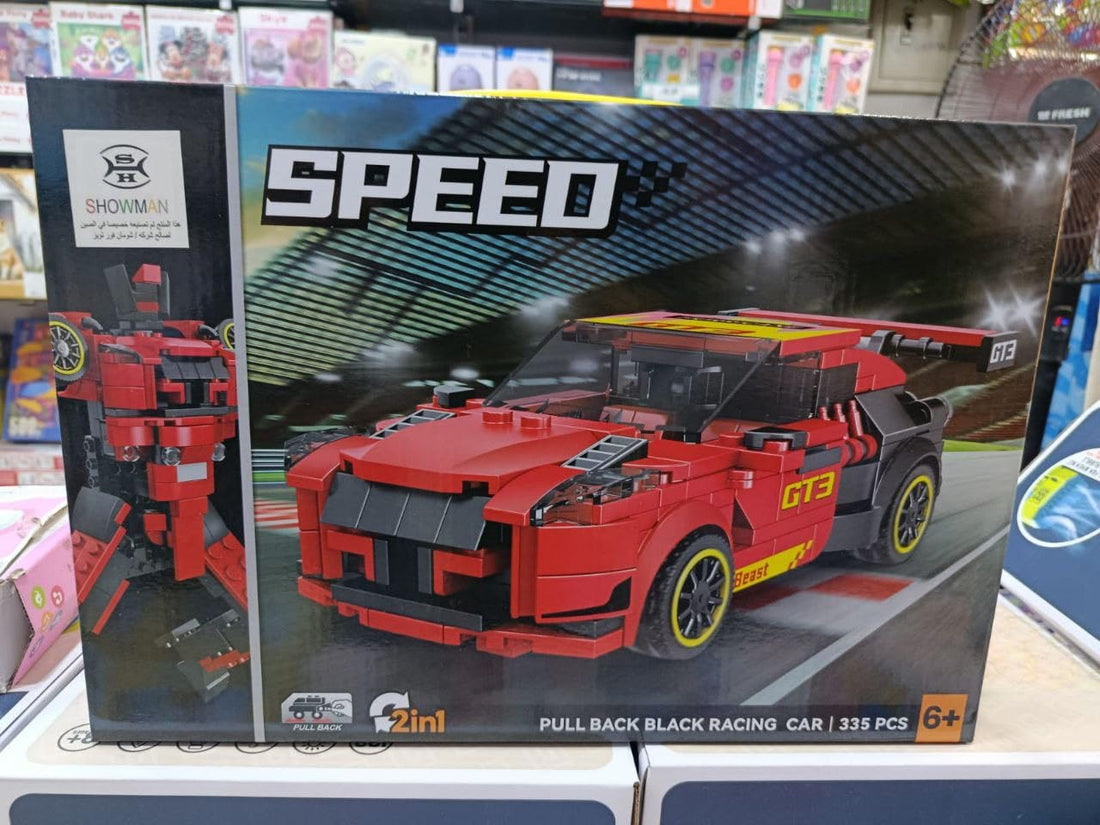 SHOWMAN Speed GT3 Pull Back Racing Car, 2-in-1 Black and Red, 335 Pieces Building Set, Ages 6+
