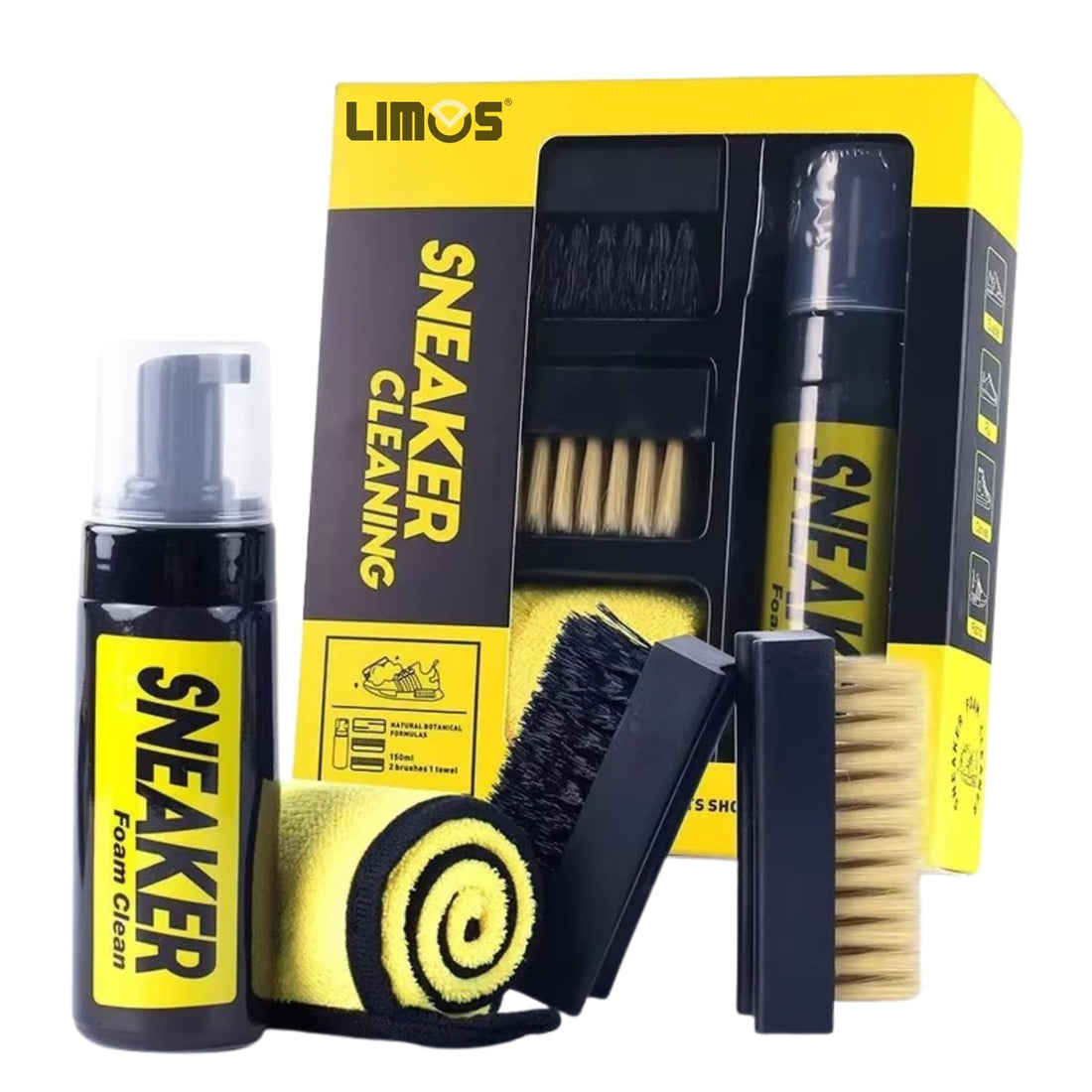 LIMOS Sneaker Cleaning Kit – Foam Shoe Cleaner, Suede Brush, Microfiber Towel & Sole Brush | Shoe Care Set for White Sneakers, Trainers, Casual Shoes, Suede & Leather