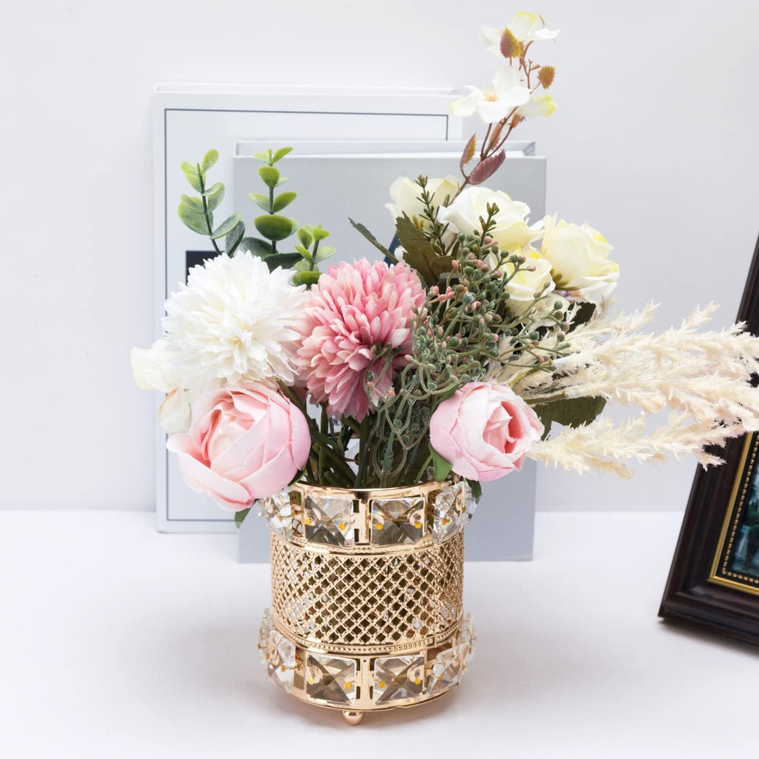 Modern Crystal Makeup Brush Organizer – Gold Metal Cosmetic Holder for Vanity, Decorative Pen and Brush Storage Cup for Beauty Tools and Desk Accessories
