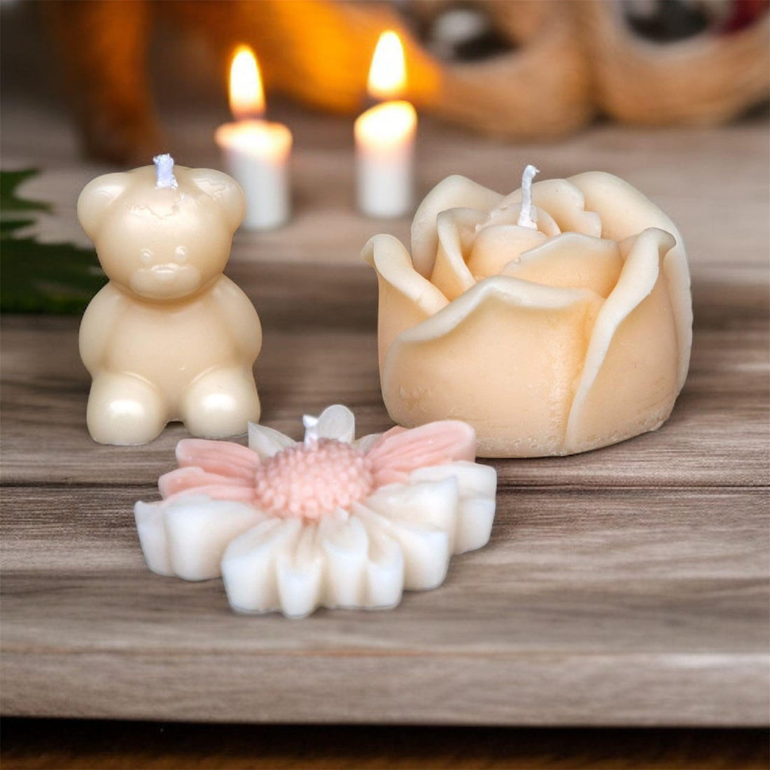 Handcrafted Figural Candle Trio – Teddy Bear, Blooming Rose, and Daisy Flower – Decorative Sculptural Candles for Gifts and Home Accents
