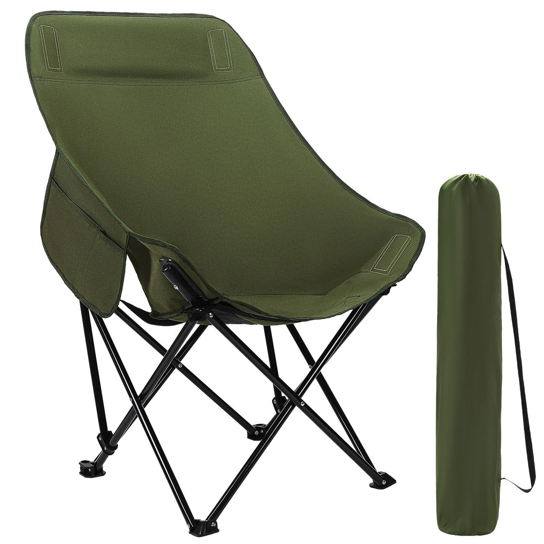 Folding Camping Chair Portable High Back Outdoor Chair with Padded Head and Seat, Side Pocket and Carry Bag, Lightweight Foldable Chair Compact for Hiking, Travel, Beach and Sports Green