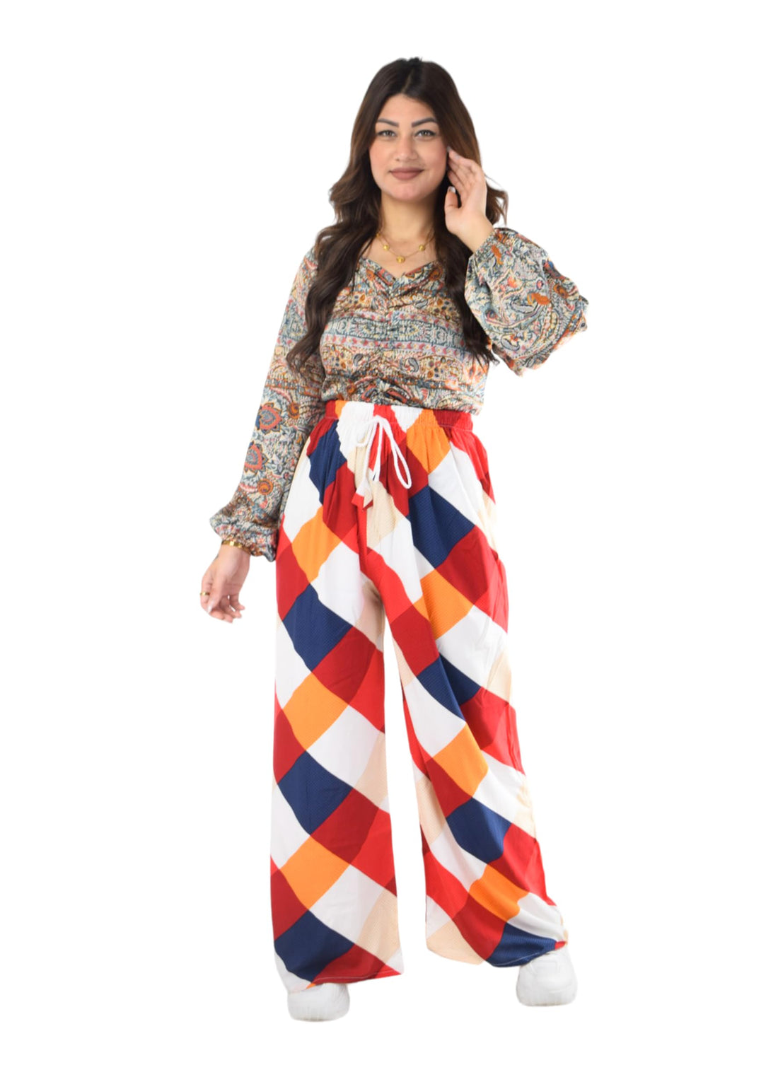 Wide Leg High Waist Squares Pattern Cotton Pants with Drawstring Waist for Women