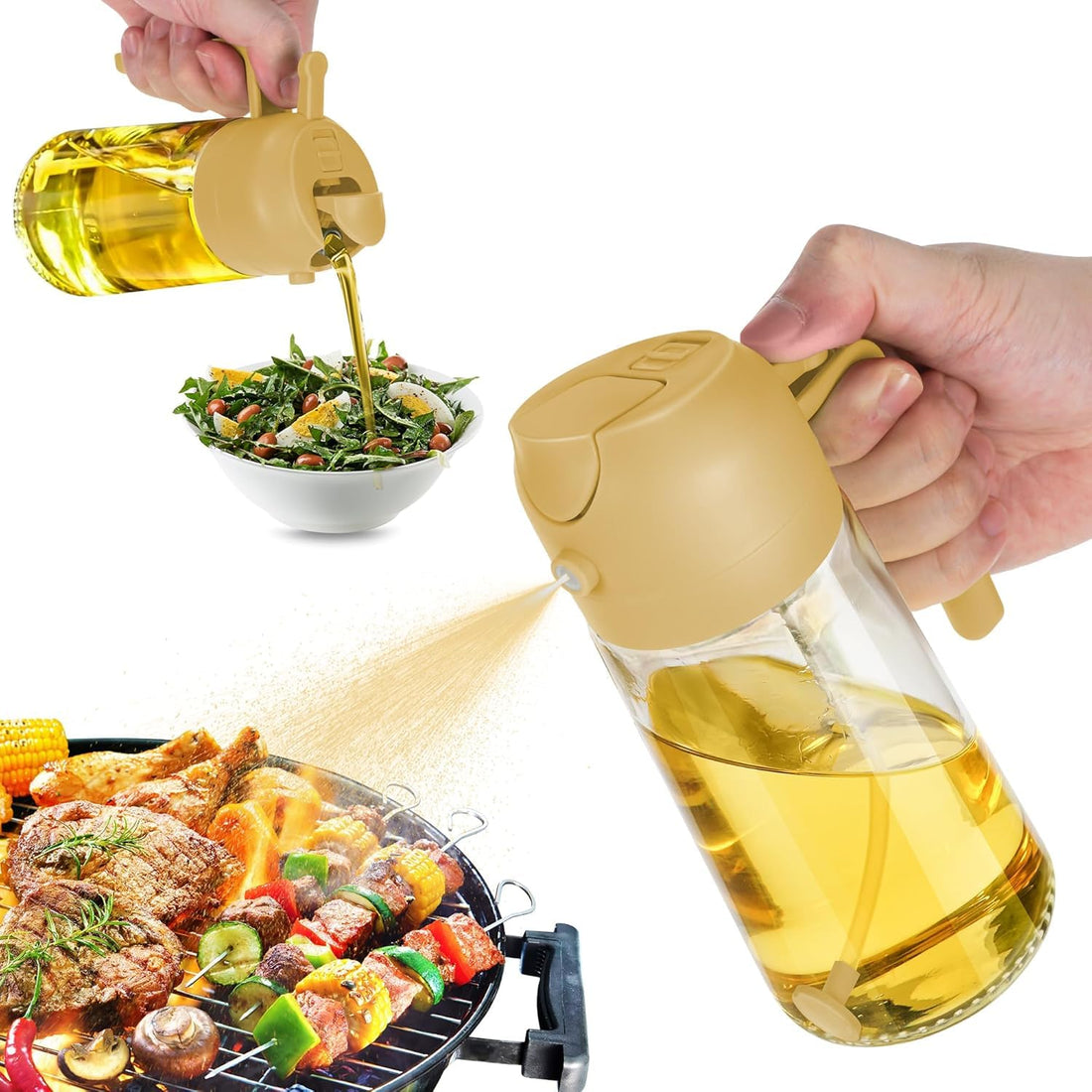 Generic 2-in-1 Oil Dispenser and Sprayer, 500ml Glass Bottle, Yellow, Black, White, Modern Design, Cooking, Salad, Frying, Bbq, Reusable, 25cm Height