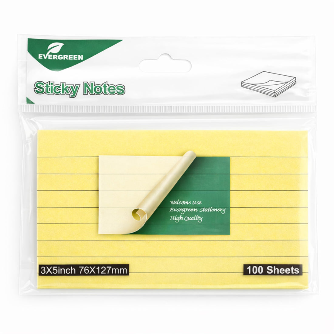 Evergreen - Sticky Notes, Memo Paper Suitable For School & Home, Reminder Paper For Taking Notes, Set Of 100 Sheet, 3 IN X 5 IN, 76 MM X 127 MM (Lined, Yellow)
