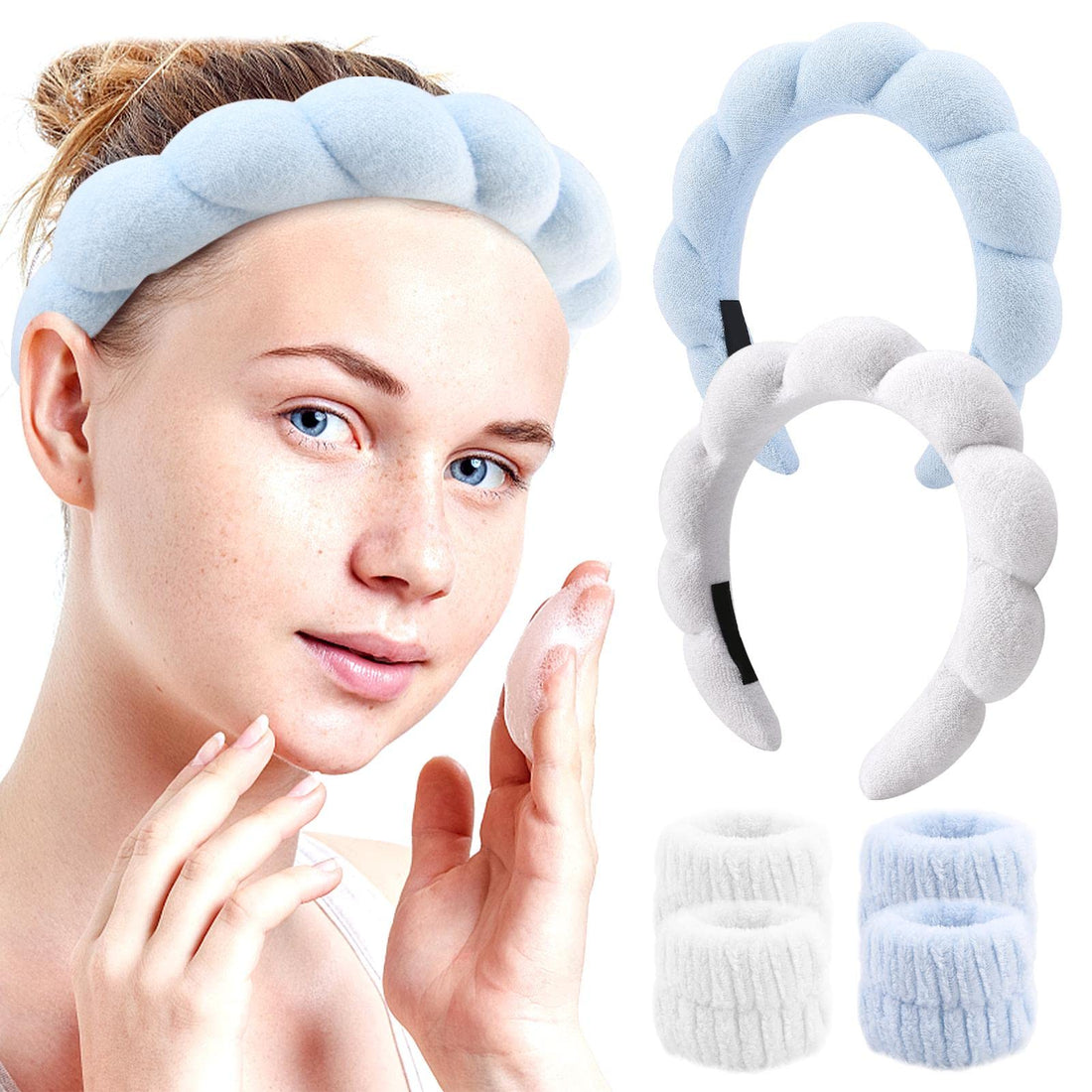 6Pcs Sponge Spa Headband for Women, Soft Makeup Headband with Wrist Washband Set Non Slip Towel Cloth Head Band Skincare Headbands for Face Washing, Shower, Makeup Removal(Blue and White)