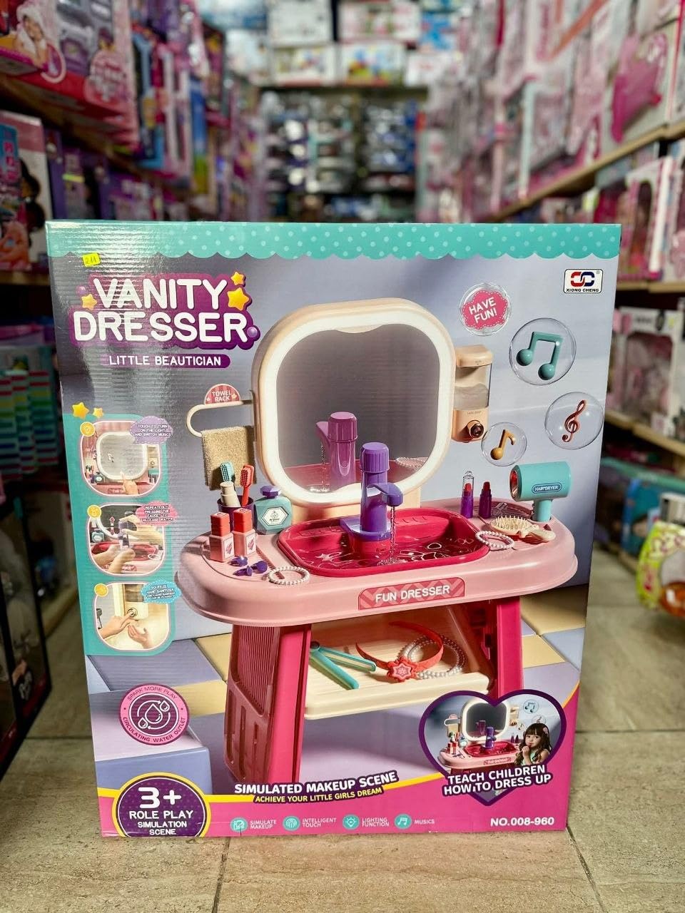 Xiong Cheng Vanity Dresser Little Beautician Toy Set, Pink, Role Play, Ages 3+, with Mirror, Music, Simulated Makeup
