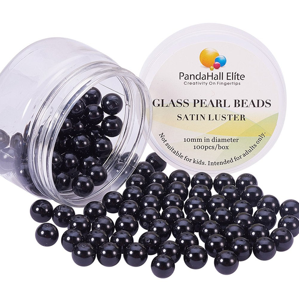 PandaHall Elite 100 pcs Pearlized Glass Pearl Round Beads for Jewelry Making, Dyed,Black Color, 10mm, Hole: 1mm