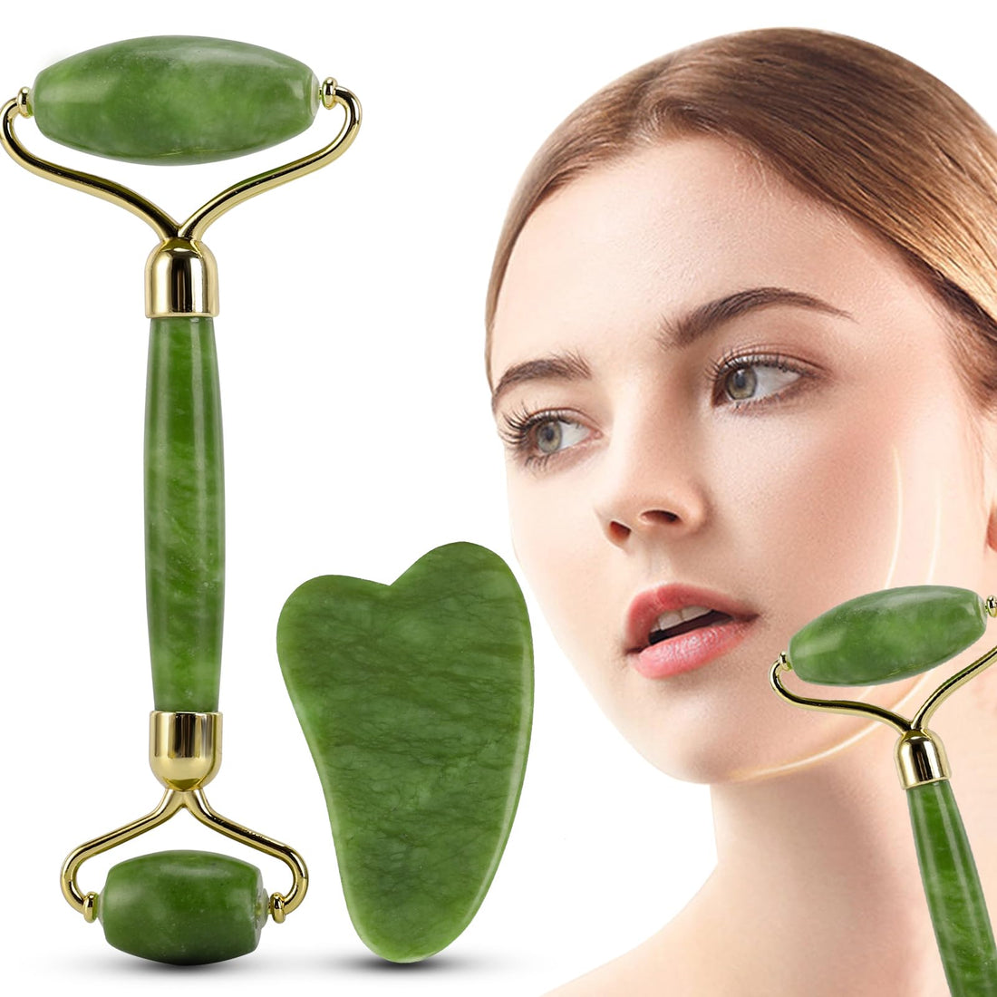 Jade Roller and Gua Sha Massager Tools, Anti-Aging Face Roller Massage, Facial Roller to Reduce Wrinkles, Eye Puffiness, Durable, Noiseless Stones Massager Kit for Face, Neck, Back, Leg