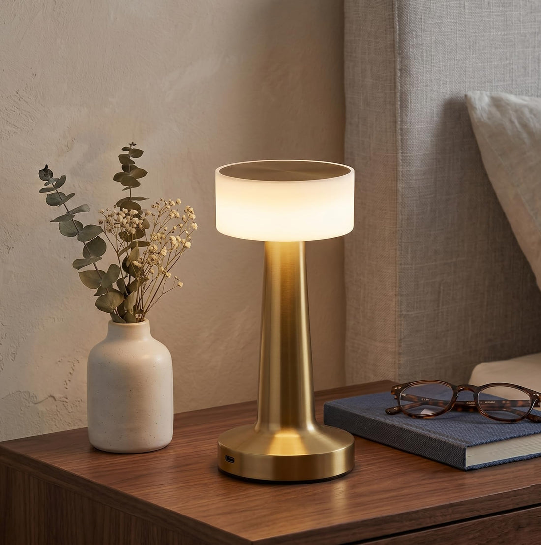 NYRWANA DELIVERING SMILES IN INIDA Portable LED Table Lamp, Stepless Dimming Brightness Metal Desk Lamp, 3 Colour Touch Control Rechargeable Night Light Bedside Room Décor Lamp (Gold)