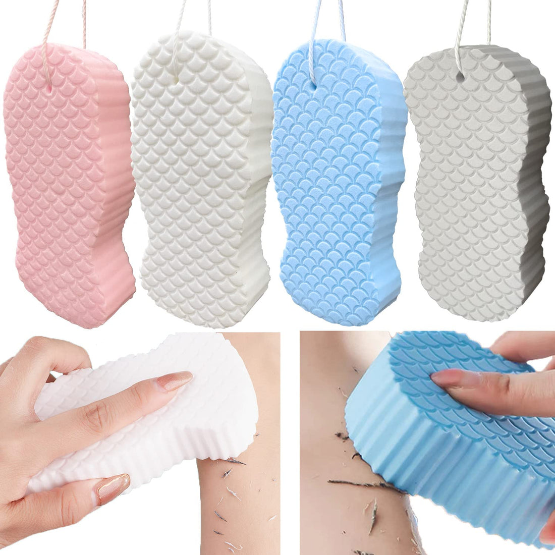 Teshee 4PCS 3D Exfoliating Bath Sponge, Soft Bath Sponges for Shower, Dead Skin Remover, Blue Pink Grey White