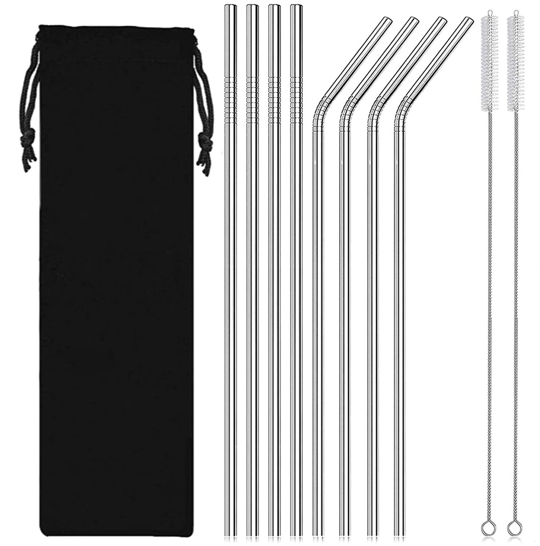 8 SLENDER REUSABLE STAINLESS STEEL STRAW SET WITH 2 CLEANING BRUSHES AND CARRYING POUCH (4 Bent straws + 4 Straight straws + 2 Cleaning brushes + 1 Pouch) Slim and Slender 6mm Size
