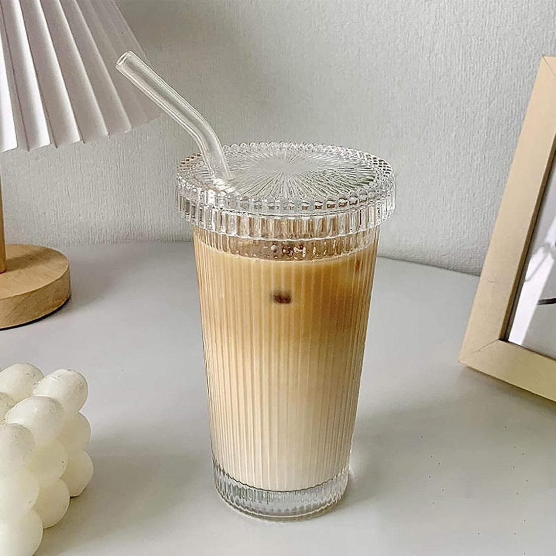 Glass Tumbler Stripe Glass Cups with Lid and Straw, Coffee Cup Drinking Glasses for Water,Iced Coffee,Milk,Tea,Juice, Whiskey, Beer