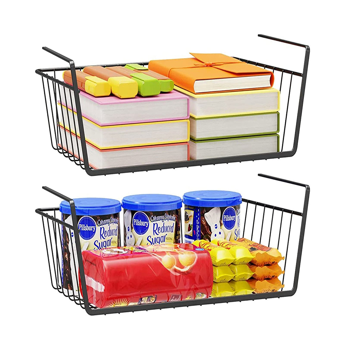 Newthinking 2 Pack Under Shelf Hanging Organizer Basket, Metal Wire Under Cupboard Storage Basket Space Saving for Kitchen, Office and Cabinet, Black