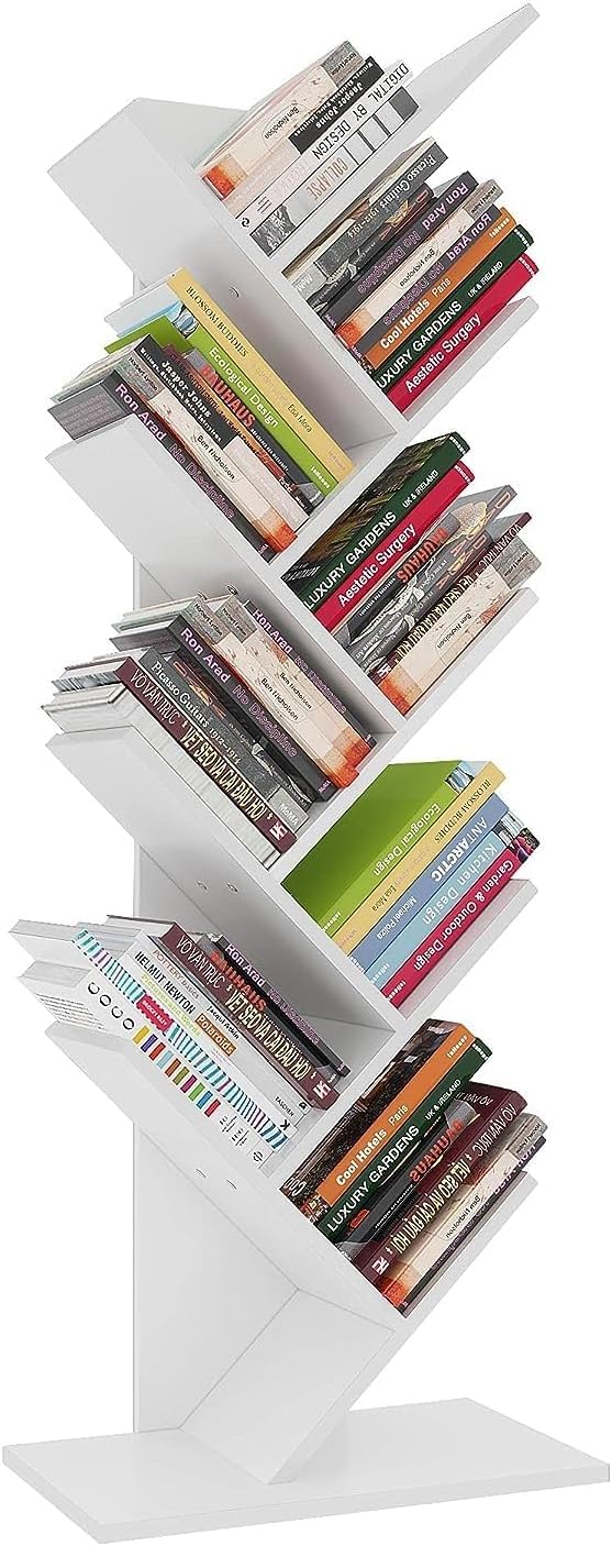 Modern Tree Bookshelf, 8-Tier Vertical Book Tower, White, Floor Standing Book Display Storage
