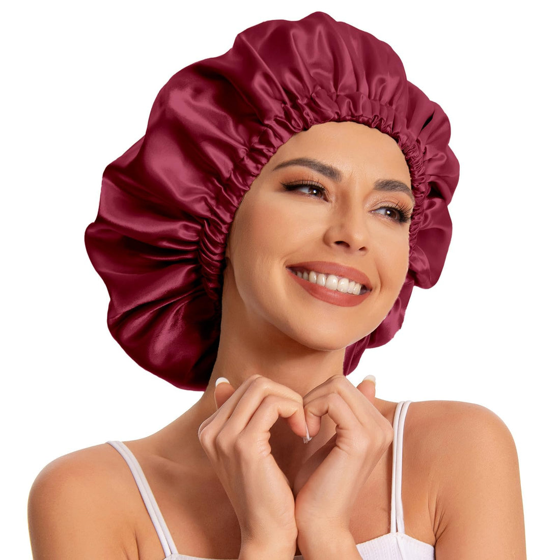 Silk Satin Bonnet Double Layer Reversible Bonnet for Women Natural Curly Hair Bonnet Comfortable Elastic Headache Free Bonnet +Bowknot (Red)