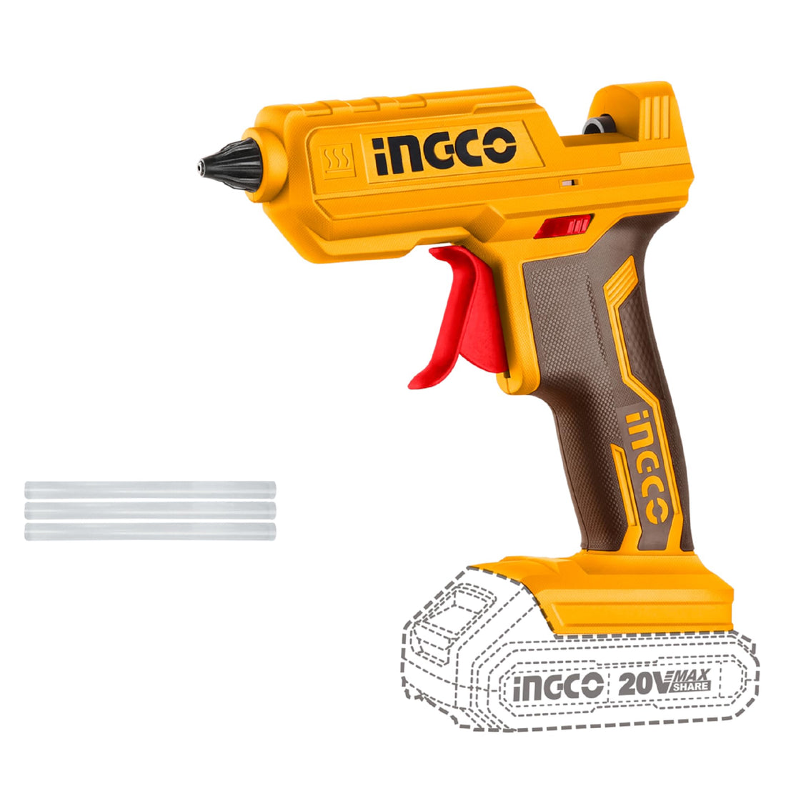 INGCO 20V Glue Gun (Body Only) with 3Pcs Glue Sticks