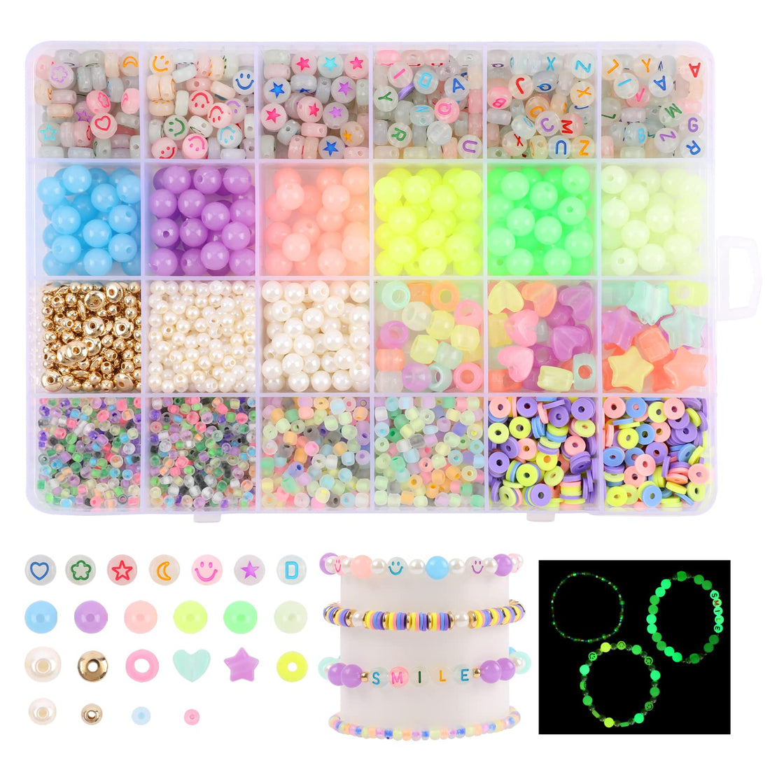 Glow in The Dark UV Letter Alphabet Smile Star Glass Seed Clay Pearl Beads - Plastic Pony Hair Acrylic Colorful Changing for DIY Craft Bracelet Necklace Jewelry Making Kit Mix Bulk