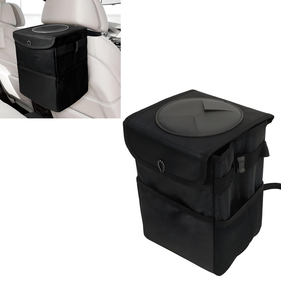 Compact Car Litter Bin - Two small trash cans with a tight PVC lid that seals odors, mesh bag stays in place, hooks for any seat, ideal for daily drives, errands and keeping the interior spotless.