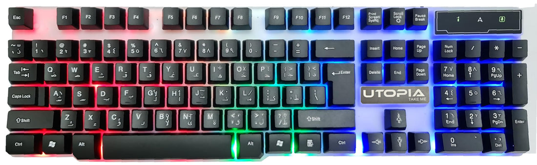 Utopia (BA-505) Gaming Keyboard with Rainbow Color LED Lighting and Metal cover Plastic Gaming Surface - Easy and comfortable to use - Arabic & English 104 Keys - White Clear