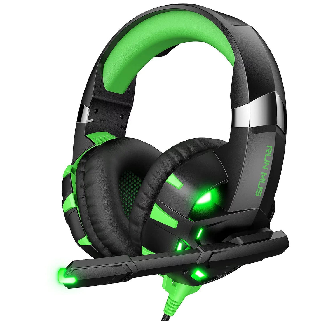 RUNMUS GAMING K2 PRO Wired Headset, Green LED Lights with Mic, 7.1 Surround Sound Stereo Bass and Noise Cancellation, Over-Ear, 3.5mm, Padded Ear Cushion, for PS4/PS5/PC/Xbox One