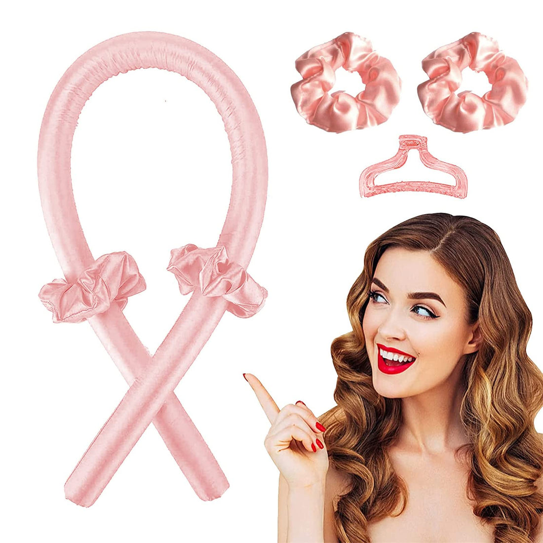 Arabest Heatless Hair Curler, No Heat Silk Curls Headband with Hair Clips Scrunchie, Sleeping Soft Foam Hair Rollers Kit, Lazy DIY Curling Ribbon Flexible Rods for Natural Hair (Pink)