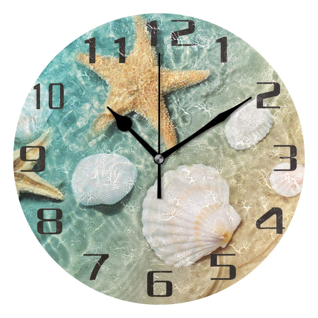 Starfish Seashell Wall Clock Silent Non-Ticking, Beach 9.5 Inch Round Wall Clock Battery Operated Ocean Clock Decor for Home Wall Bathroom Kitchen Bedroom Living Room Office Classroom Patio