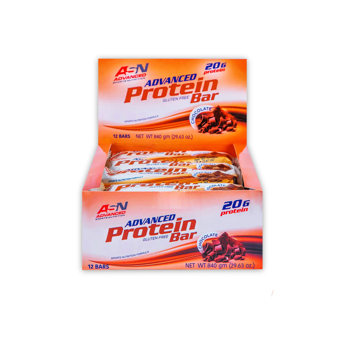 Advanced sports nutrition (asn) | advanced protein bar | chocolate | 12 bars | 20g protein | whey protein | milk protein | soy protein | low carb | low sugar | zero fat | gluten-free