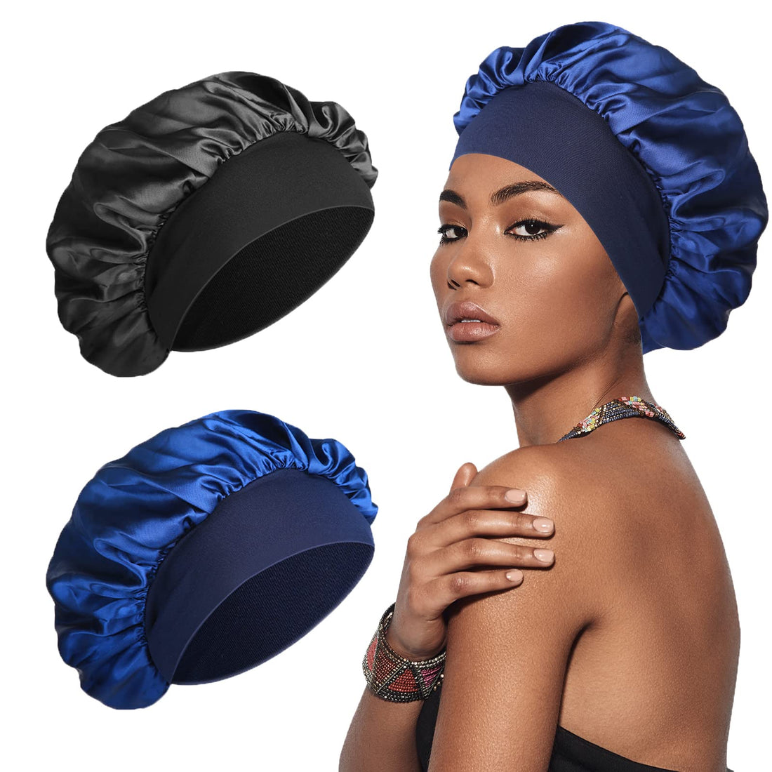 SWEET VIEW Silk Bonnet, Satin Hair Wrap for Sleeping, Soft and Comfortable Sleep Cap, Black, Navy