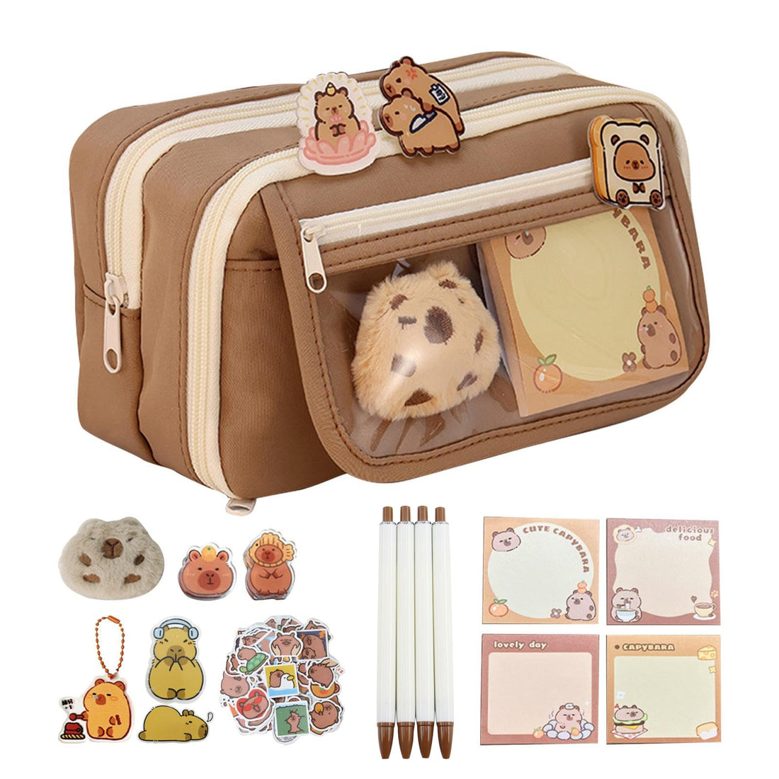 Cute Capybara Pencil Case, Capybara School Supplies, Clear Aesthetic Pencil Pouch with Cute Capybara Pins and Plush, Large Capacity Multi-layers Pen Case, Brown, normal