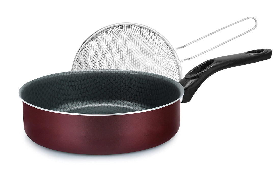 Trueval frying pan with frying net - dark red