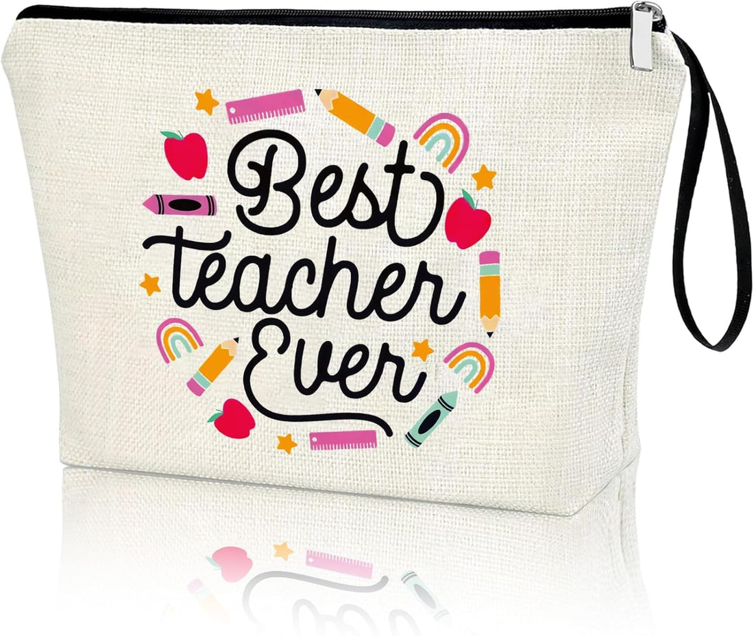 Magy store Teacher Appreciation Gifts Teacher's Day BEST TEACHER EVER Makeup Bag Travel Cosmetic Zipper Bag Teacher's Day Graduation Thank You Gifts Kindergarten Gift Women, White