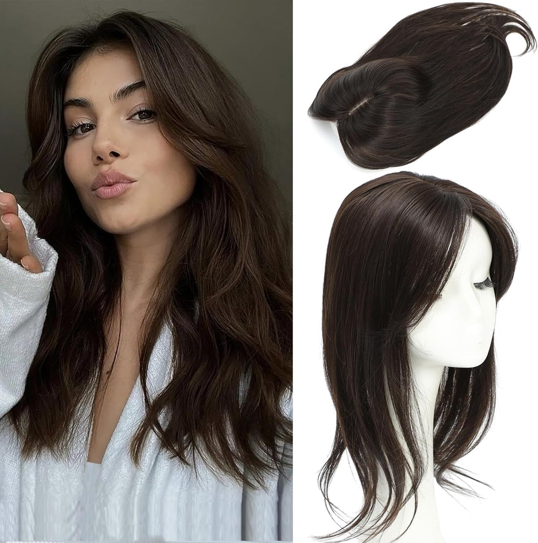 Hair Topper Clip in Bangs, 3D 360° Cover Hair Topper- 4 CLIPS for Women with Thinning Hair, 18 Inch Fluffy Toppers Hair Pieces for Women- 40 CM TO 45CM (JW296-N4- DARK BROWN)