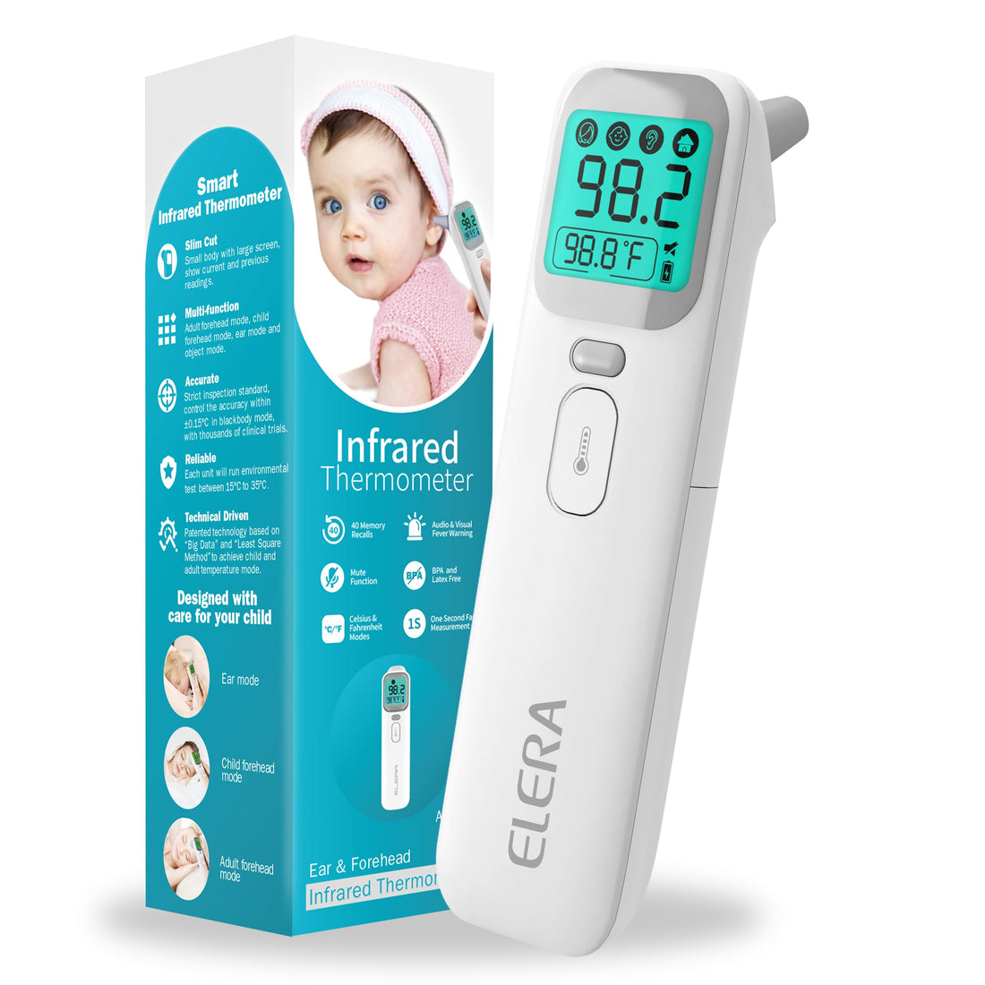 ELERA Ear and Forehead Thermometer, Infrared Thermometer for Baby, Infant, Adults and Objects, 1 Second Reading, Memory Recall with Fever Alarm and Mute Mode