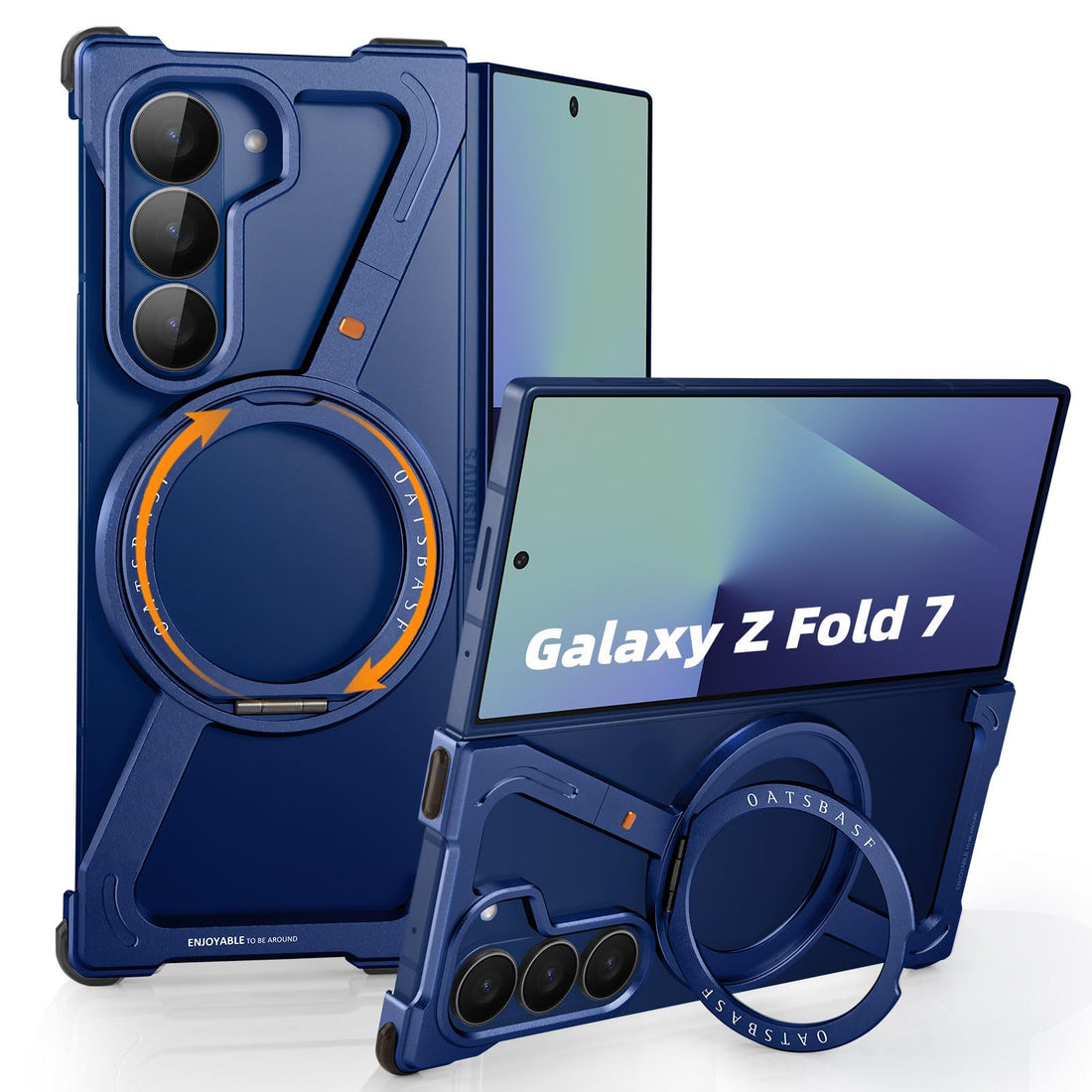 Z Shaped Metal Frameless Phone Case for Samsung Galaxy Z Fold 7 with Wireless Charging | Minimalist Bezel Less with 360° Magnetic Ring Kickstand (Blue)