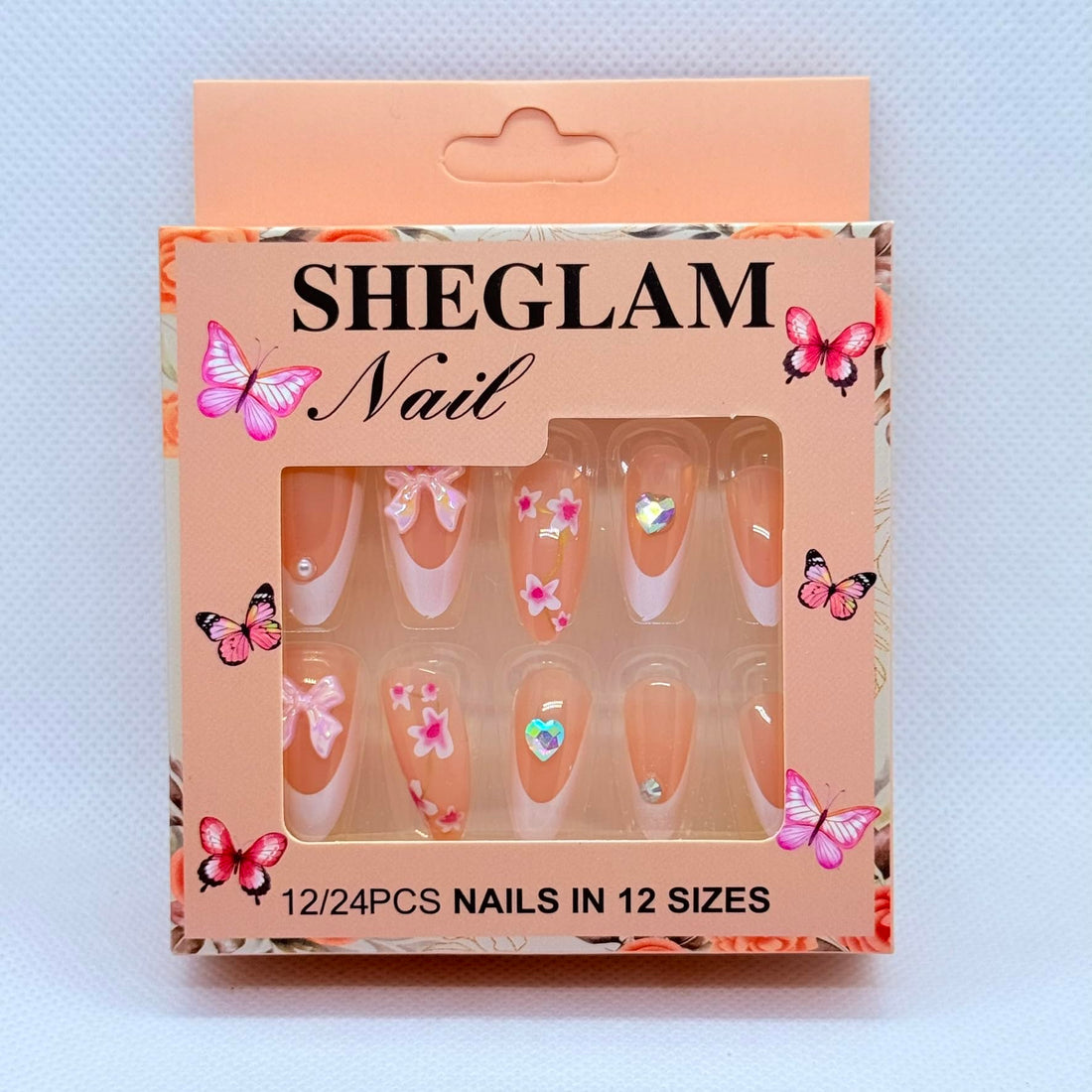 Press On Nails Almond Shape Professional Nail Art – 12 Colors & Designs, Salon Finish Luxury Fake Nails for Women (White French & Pink Nail Art)