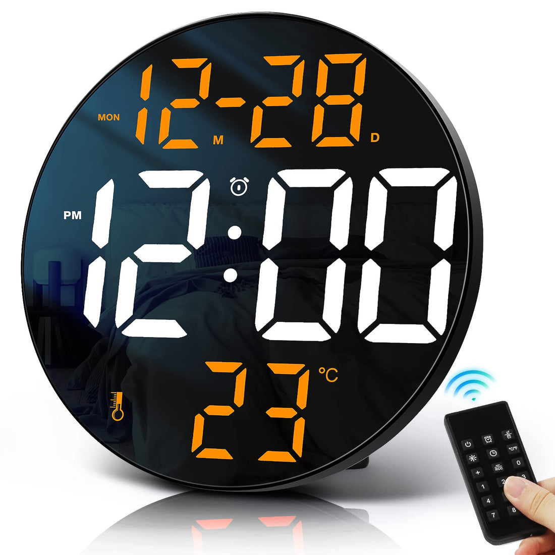 Spardar 9 Inch LED Digital Wall Clock with Remote Control, Temperature Humidity, Large Display, 12/24H, 5 Level Brightness, Black