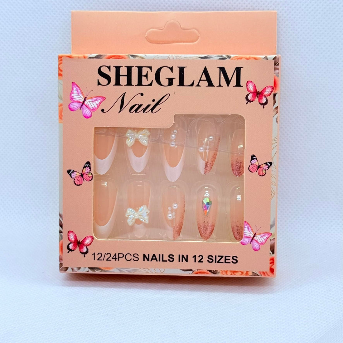 Press On Nails Almond Shape Professional Nail Art – 12 Colors & Designs, Salon Finish Luxury Fake Nails for Women (Pink French & Glitter & Nail Art)